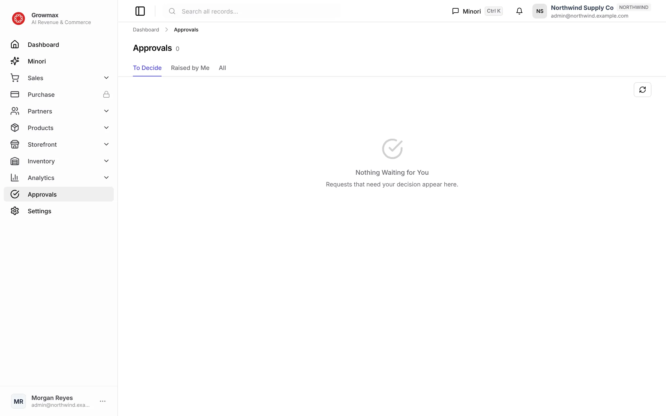 The Approvals inbox with the To Decide, Raised by Me and All tabs