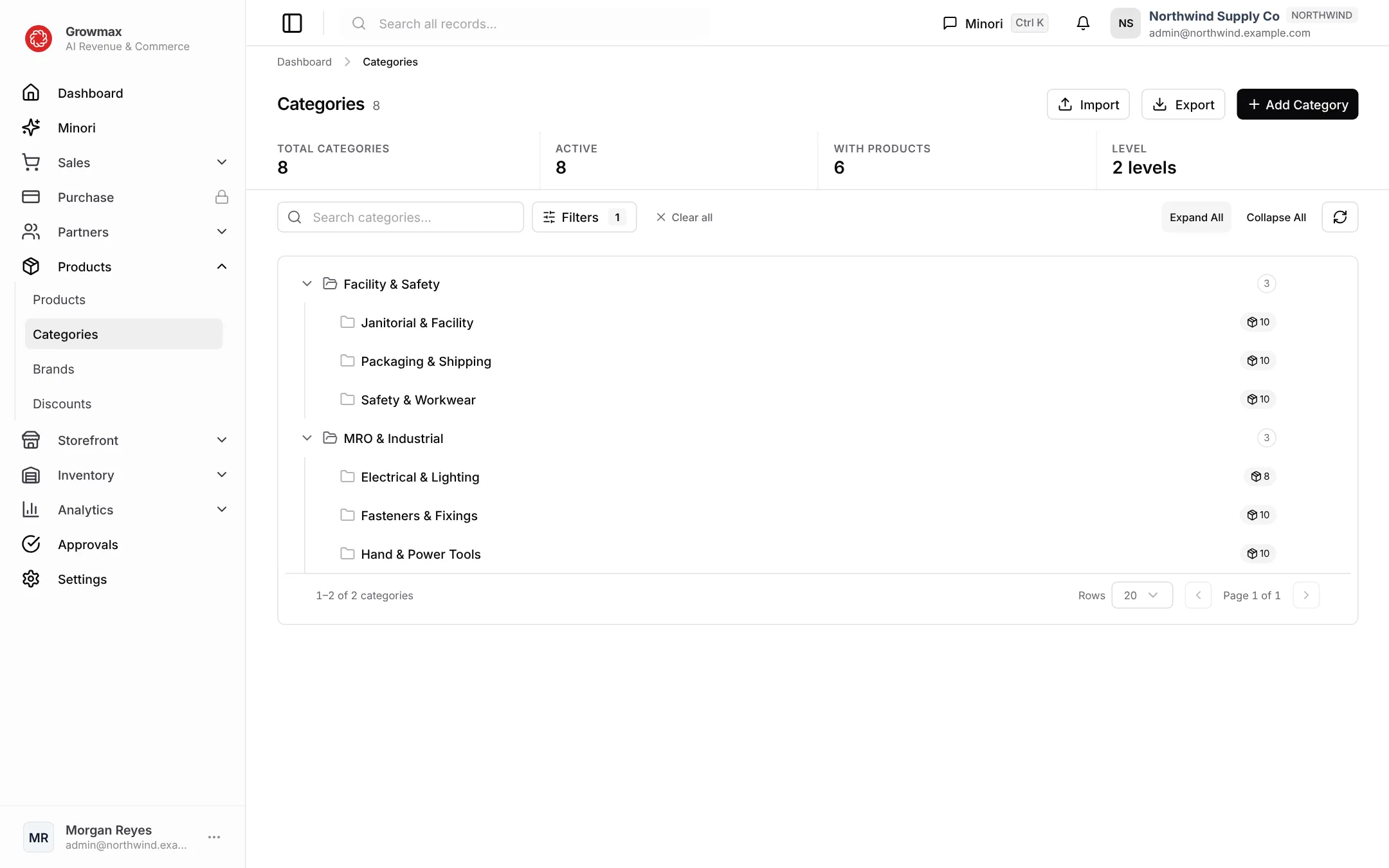 The Categories page with the category tree expanded