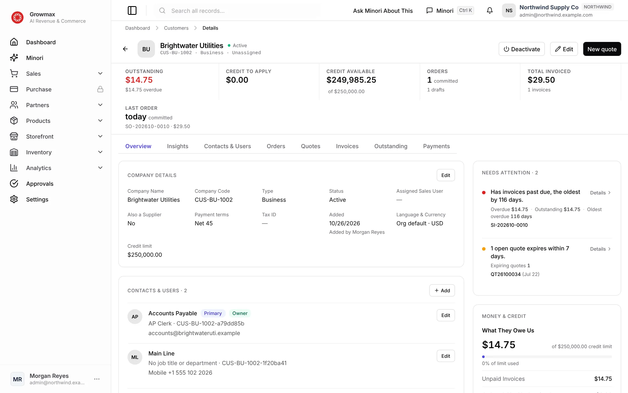 A customer's record with its credit position and activity tabs