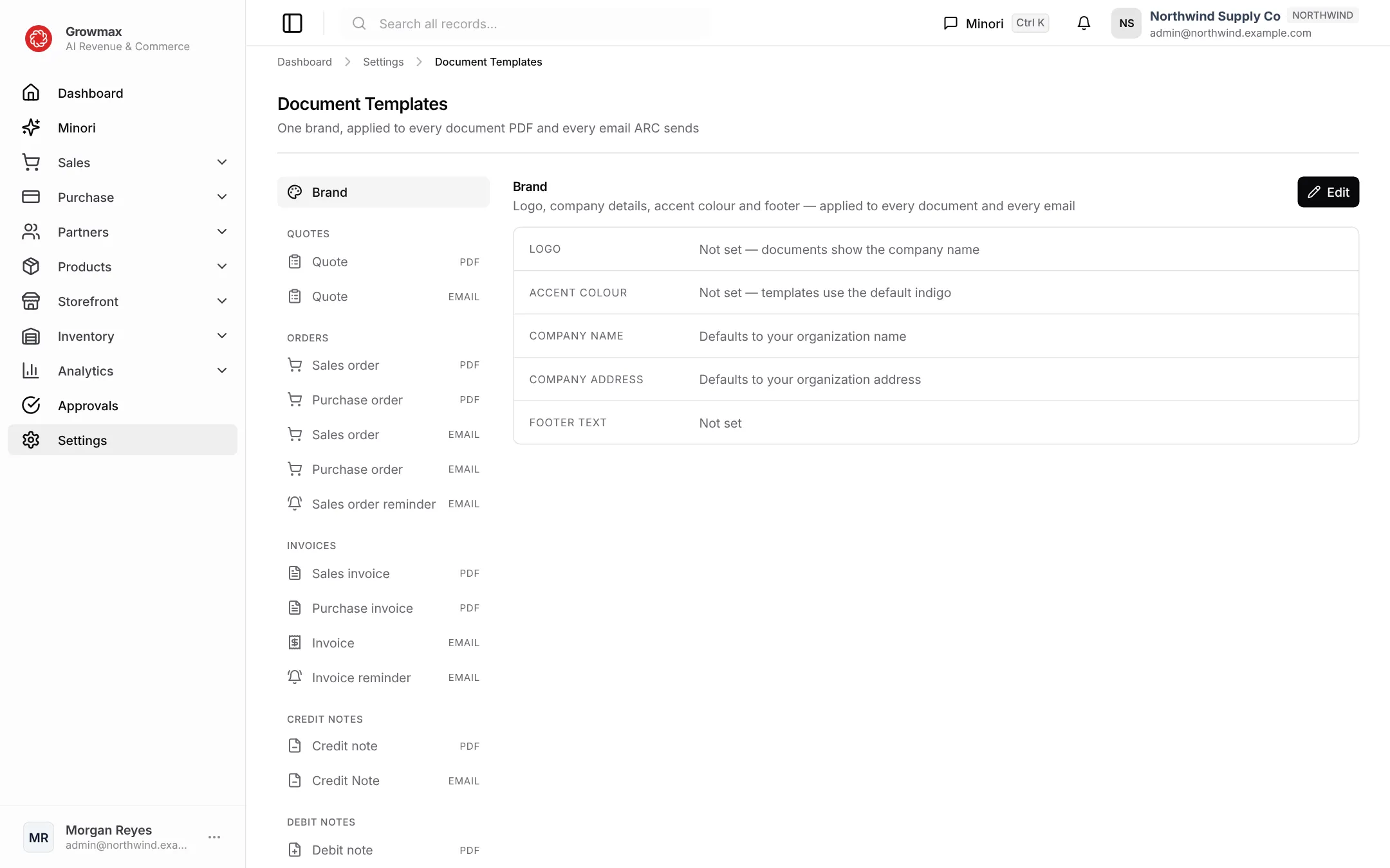 Document Templates with the brand settings and every document's PDF and email template