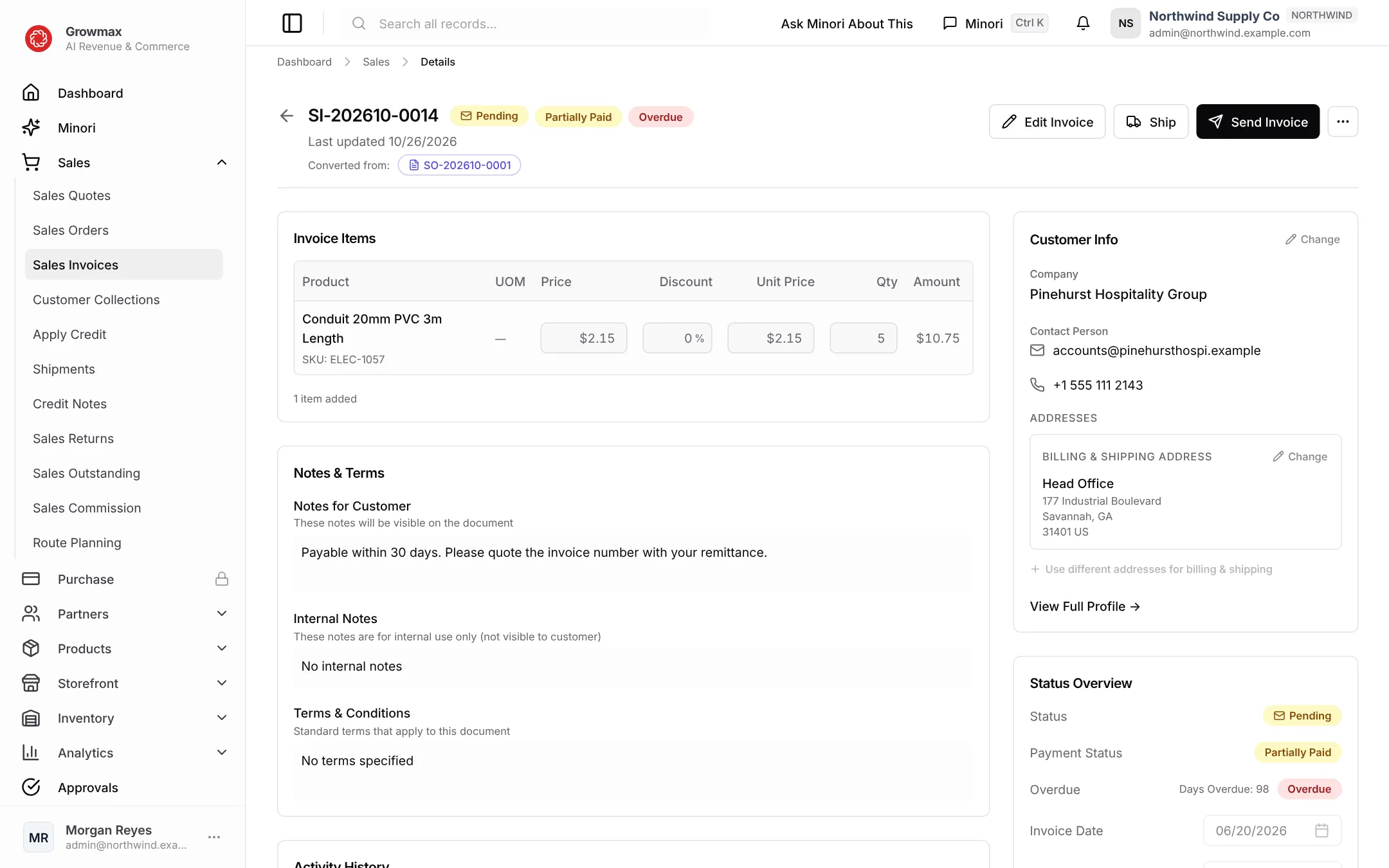 A sales invoice with its lines, totals and payment status