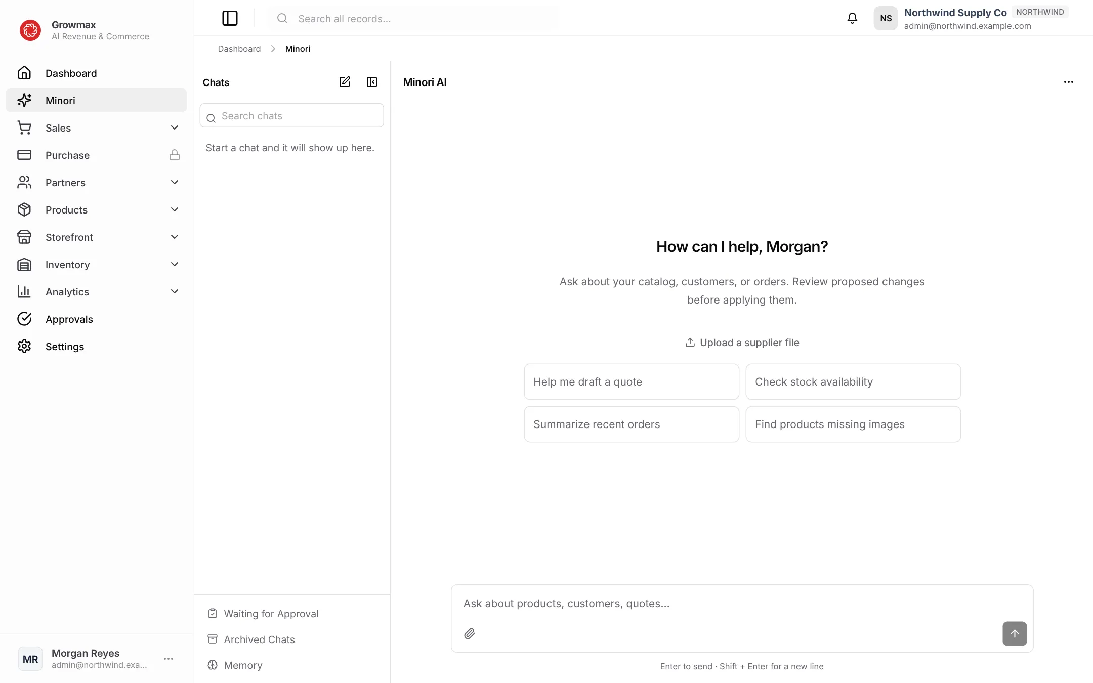 Minori's chat home with suggested requests and the message box