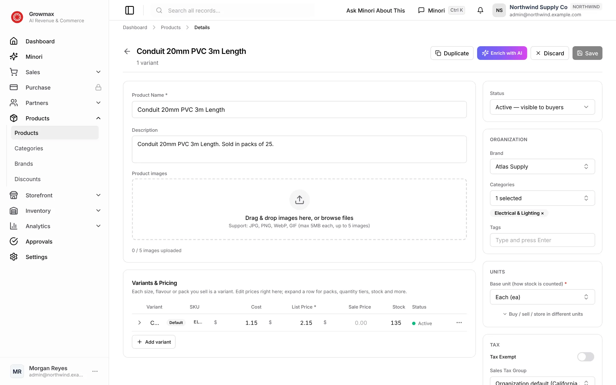 A product's page with its details and variants