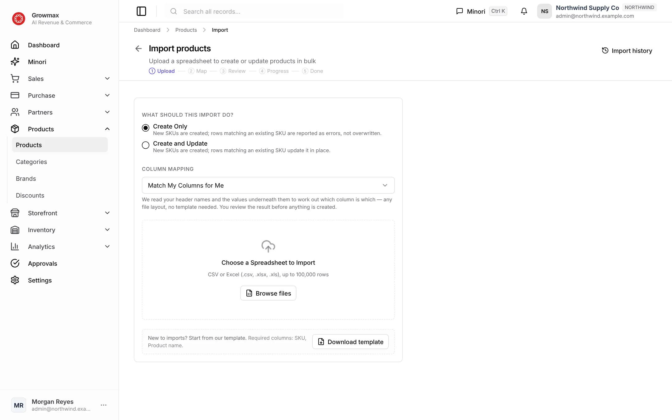 The product import wizard on its upload step