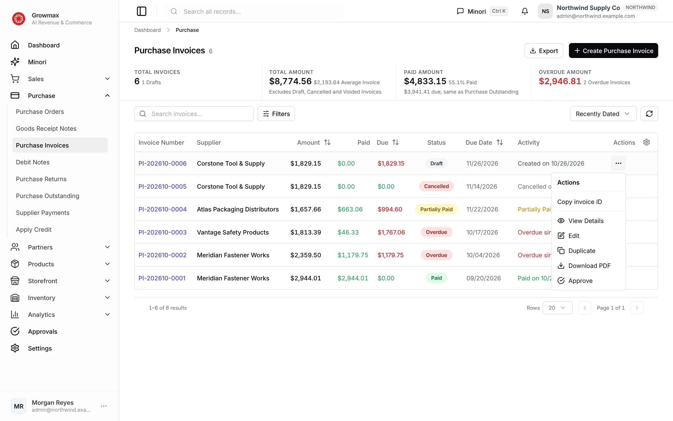 The Purchase Invoices list with the actions menu open on a draft invoice