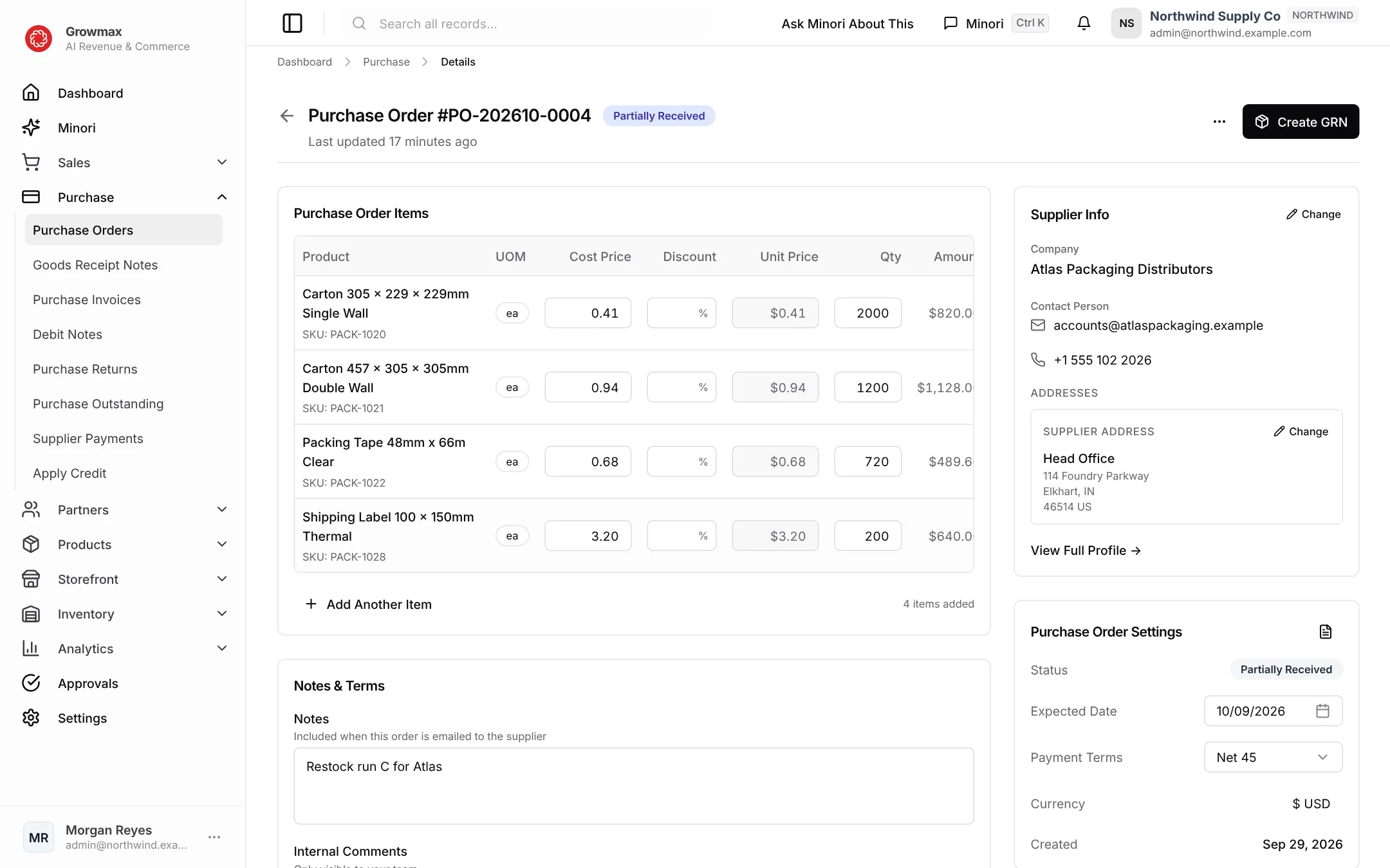 A partly received purchase order with its supplier, lines and quantities