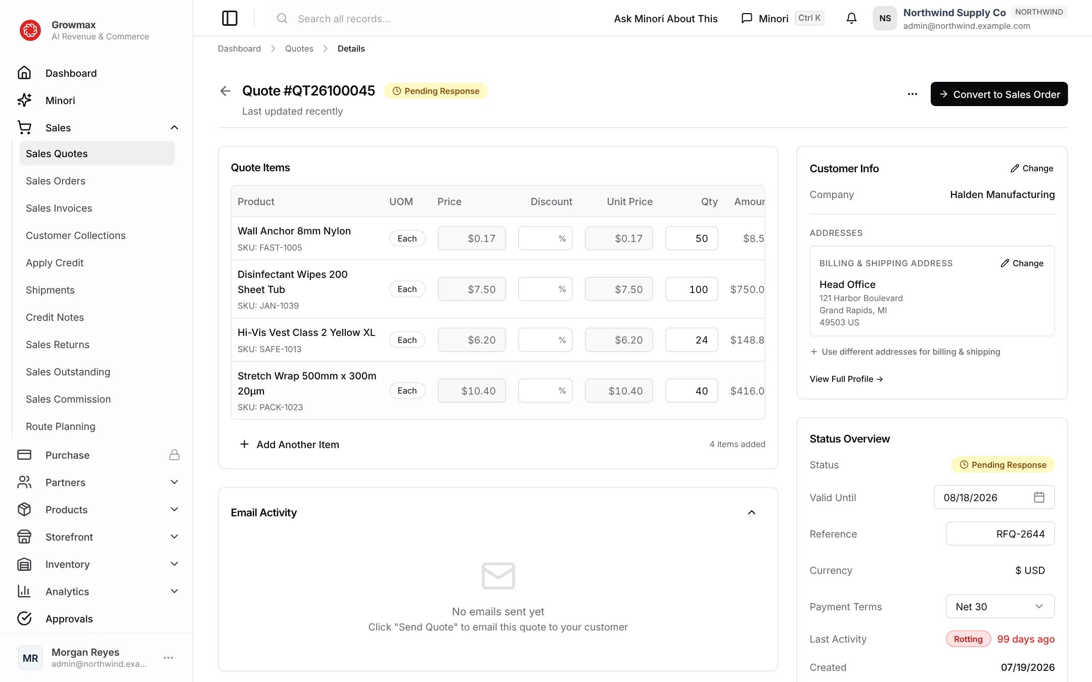 A quote with its lines, customer and totals
