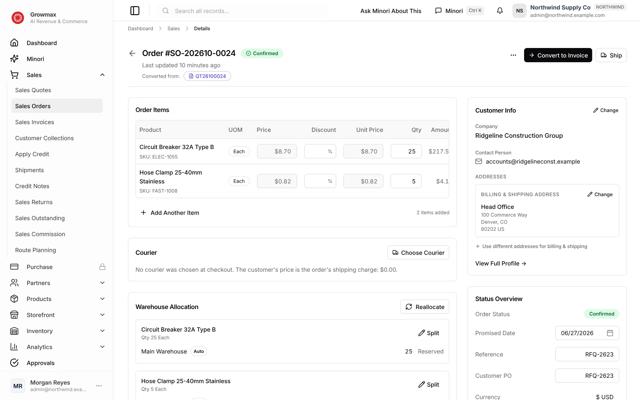 A confirmed sales order with its lines and fulfilment status