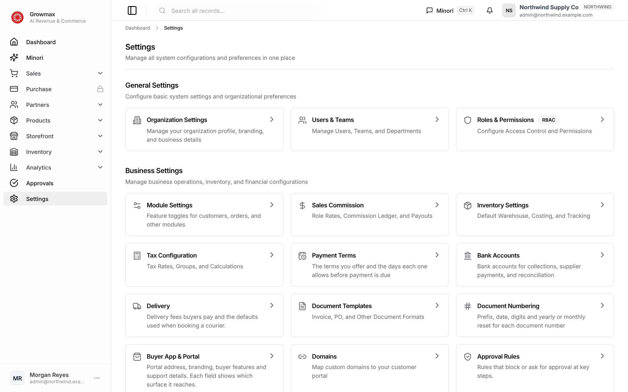 The Settings page with its sections: General, Business and more