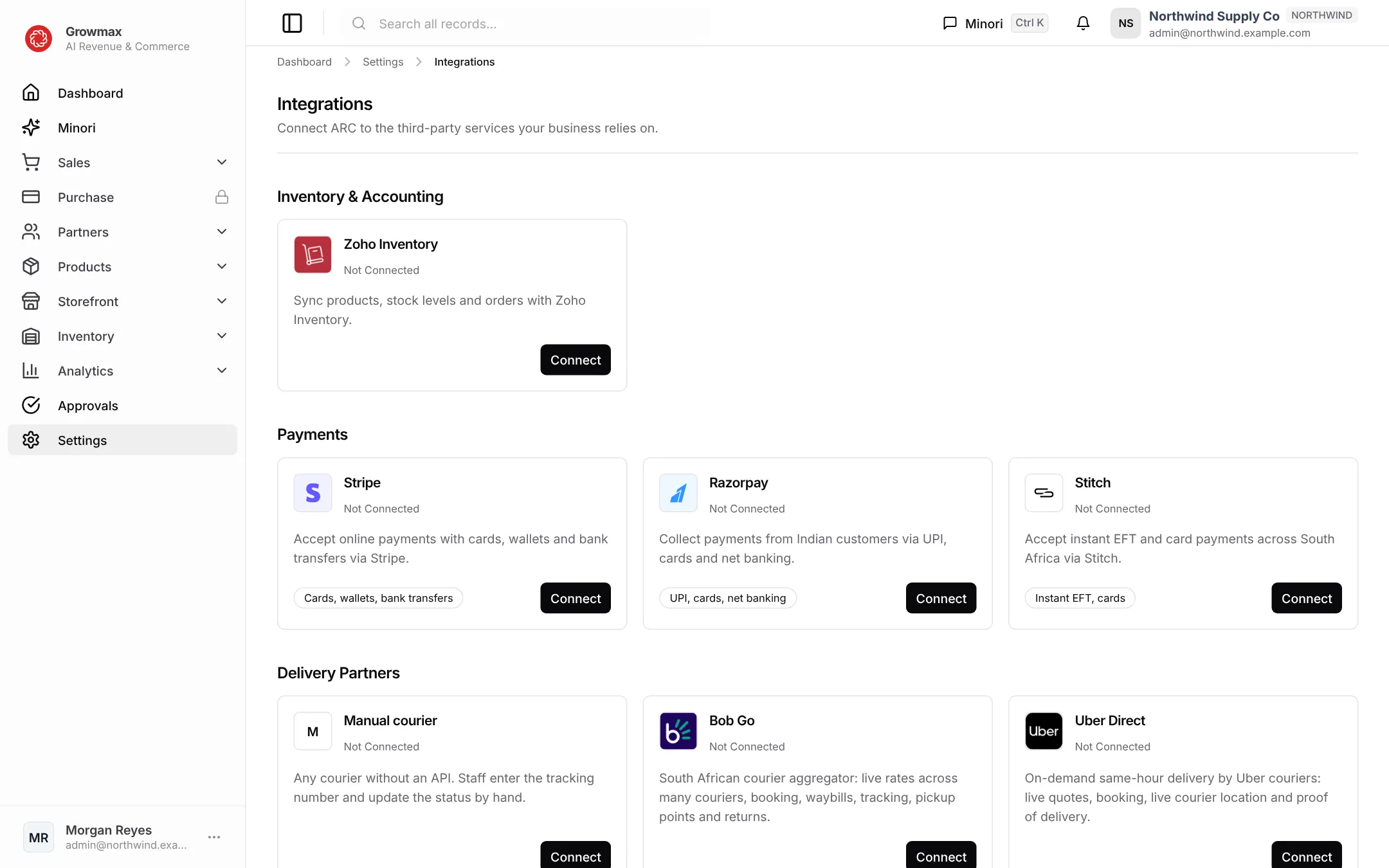 The Integrations settings page
