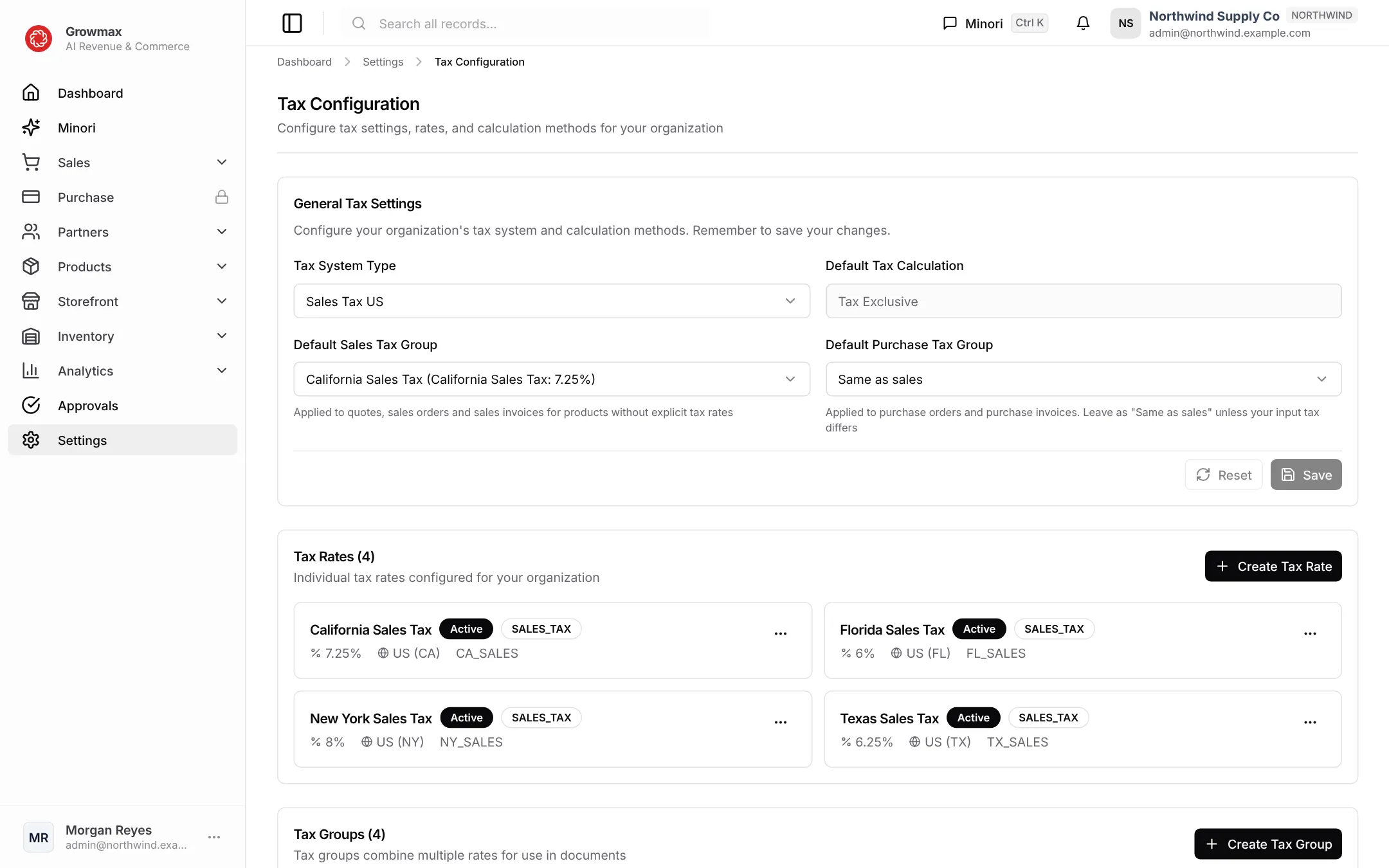 Tax configuration with tax rates and tax groups