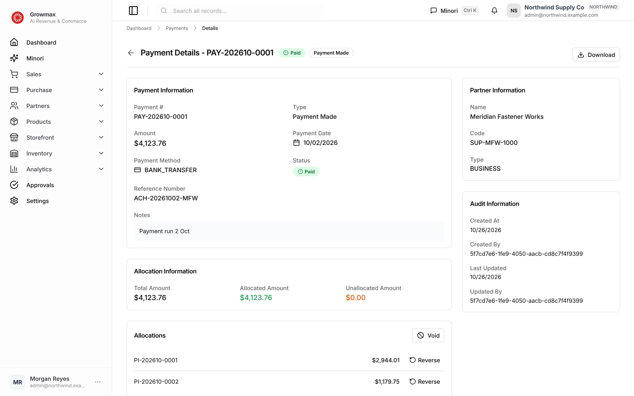 A supplier payment allocated across two purchase invoices